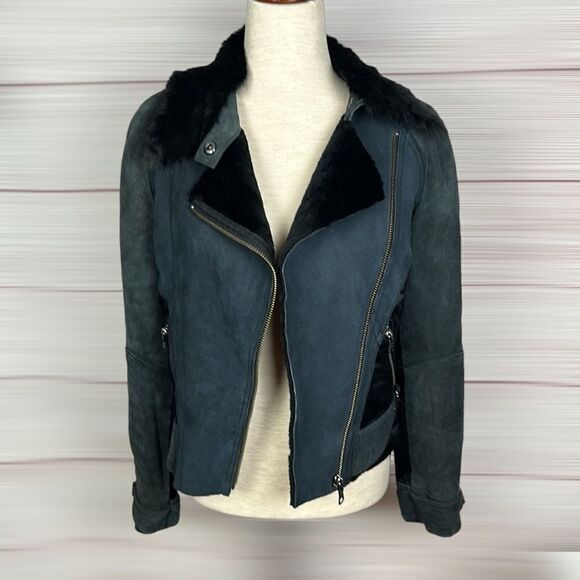 Armani Exchange Charcoal Leather Suede Moto Bomber Jacket Fur Collar Satin Back - Picture 1 of 15